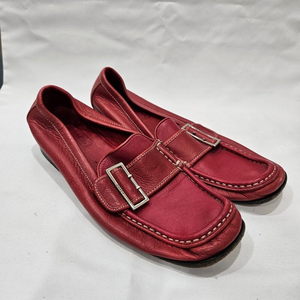 Coach Helene Red Leather Buckle Loafers Driving Moccasins Womens 7 B Italy